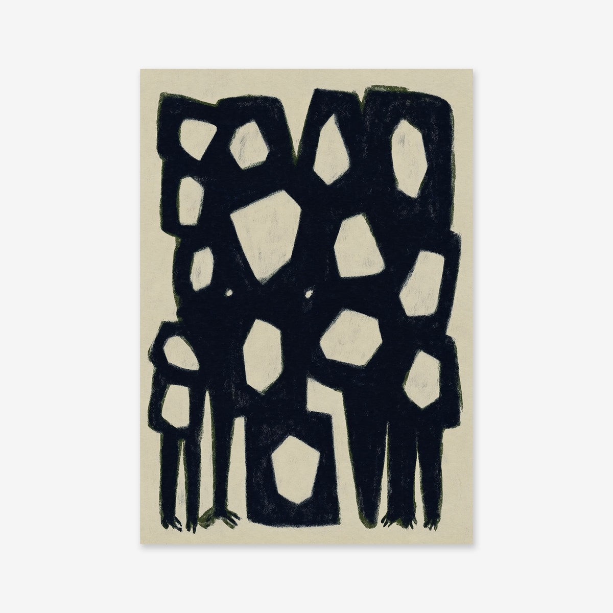 Versatile: Abstract artwork of dark, blocky human-like figures with white, geometric faces and hands on a light beige background. Ideal as a giclée art print or printed on archival paper for modern interiors.