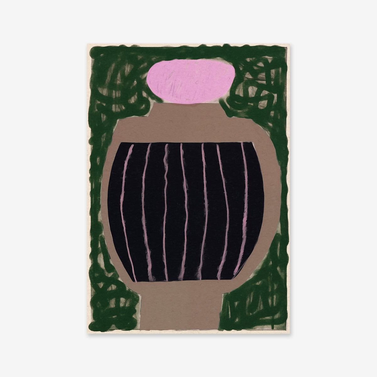 Vesselicious No. 1: Abstract art print featuring a bold black rounded form with vertical pink lines, a small pink oval above, and dark green scribbles on a light background—ideal as a Giclée art print for modern interiors.
