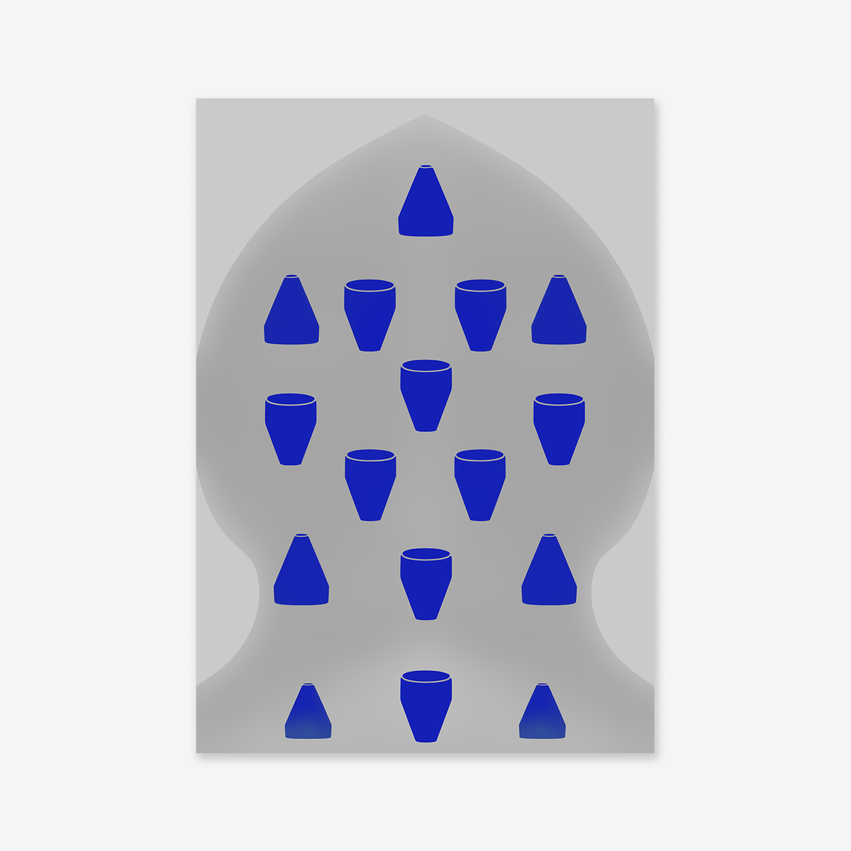 The "Vessels all around" giclée art print features a gray backdrop with a pointed arch, outlined in lighter gray, and rows of blue cone and cylinder shapes—ideal for adding modern style to any interior.