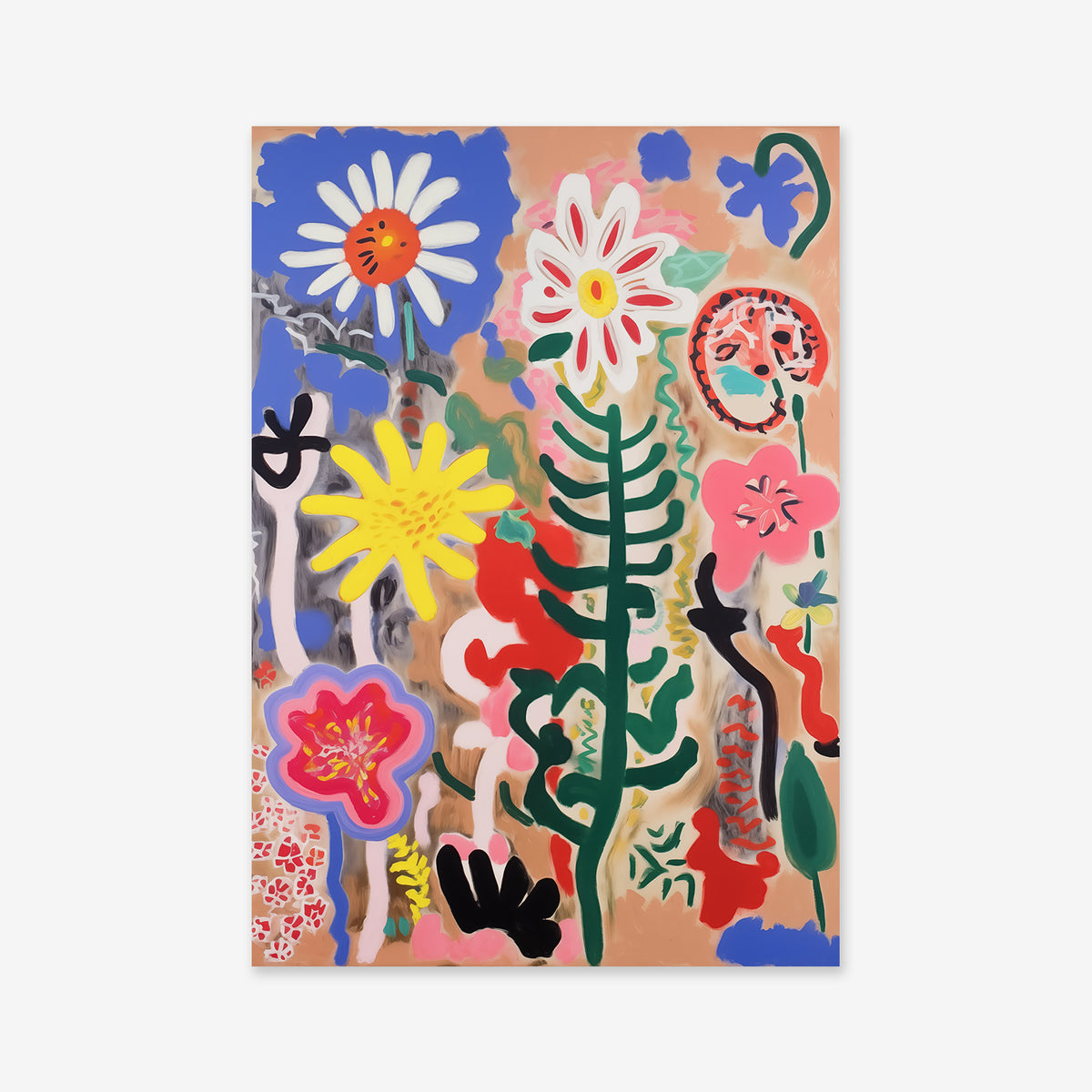Vibrant flowers No. 1 is a colorful abstract Giclée art print featuring various flowers and plants with bold outlines, vibrant hues, and a multicolored background on premium archival paper—perfect for brightening any modern interior.