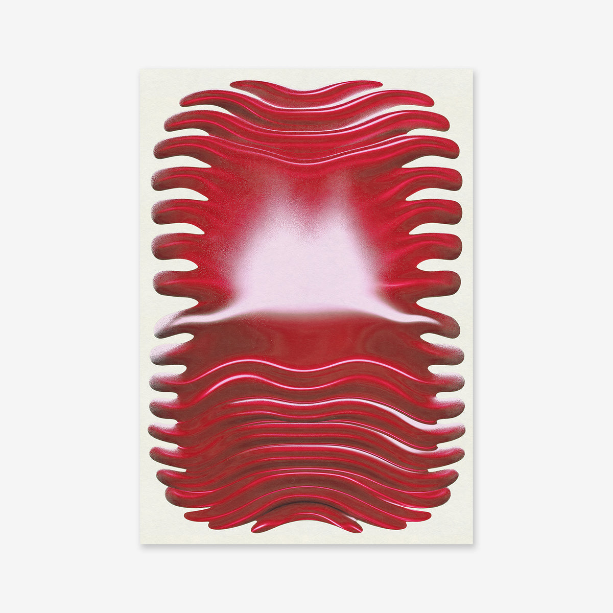 Vibrations: Glossy, wavy red forms radiate to a white center, evoking stylized lips or waves. Perfect as a giclée art print to bring bold, modern flair to your space.