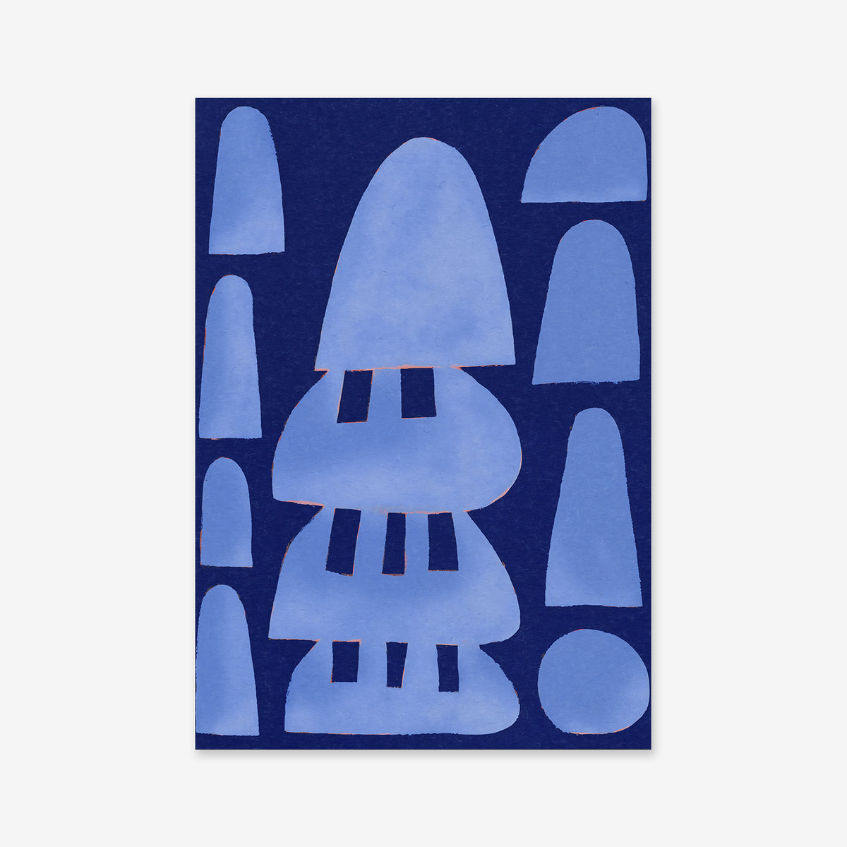 Village No. 1" features abstract blue shapes—domes, rectangles, and a circle—stacked vertically on dark blue. This Giclée art print on archival paper adds perfect balance to any modern interior.