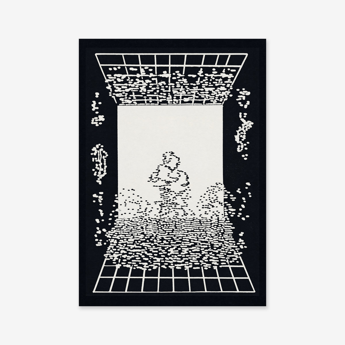 “Virtual reality” is a black and white abstract giclée art print on matte archival paper, featuring a tunnel-like frame and scattered white dots forming a vague humanoid shape—an intriguing addition to any modern space.