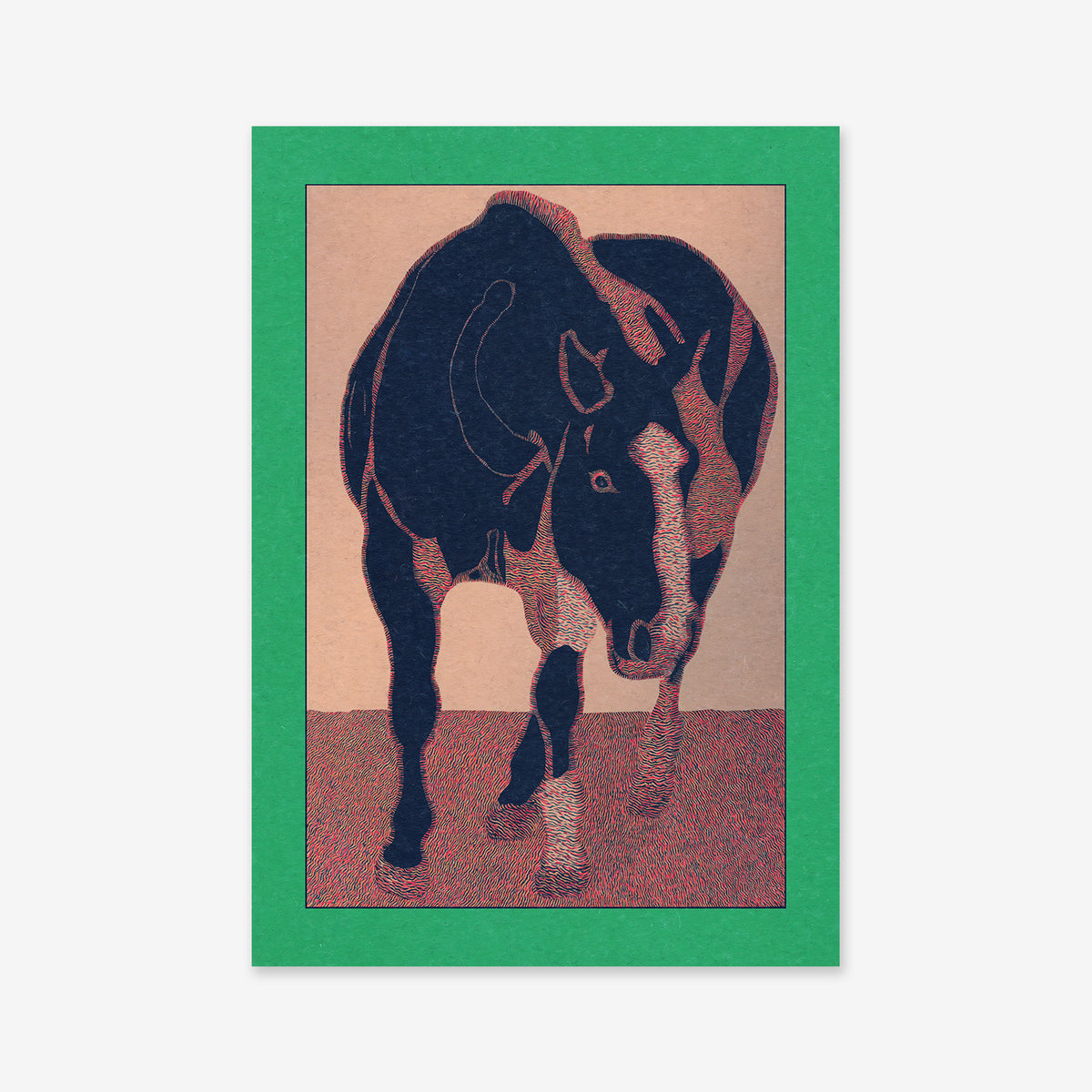 Illustration of a horse facing forward, outlined in dark lines with minimal details on a textured brown background. Bordered by a green rectangular frame, this Giclée art print "Waiting horse" suits modern interior spaces.