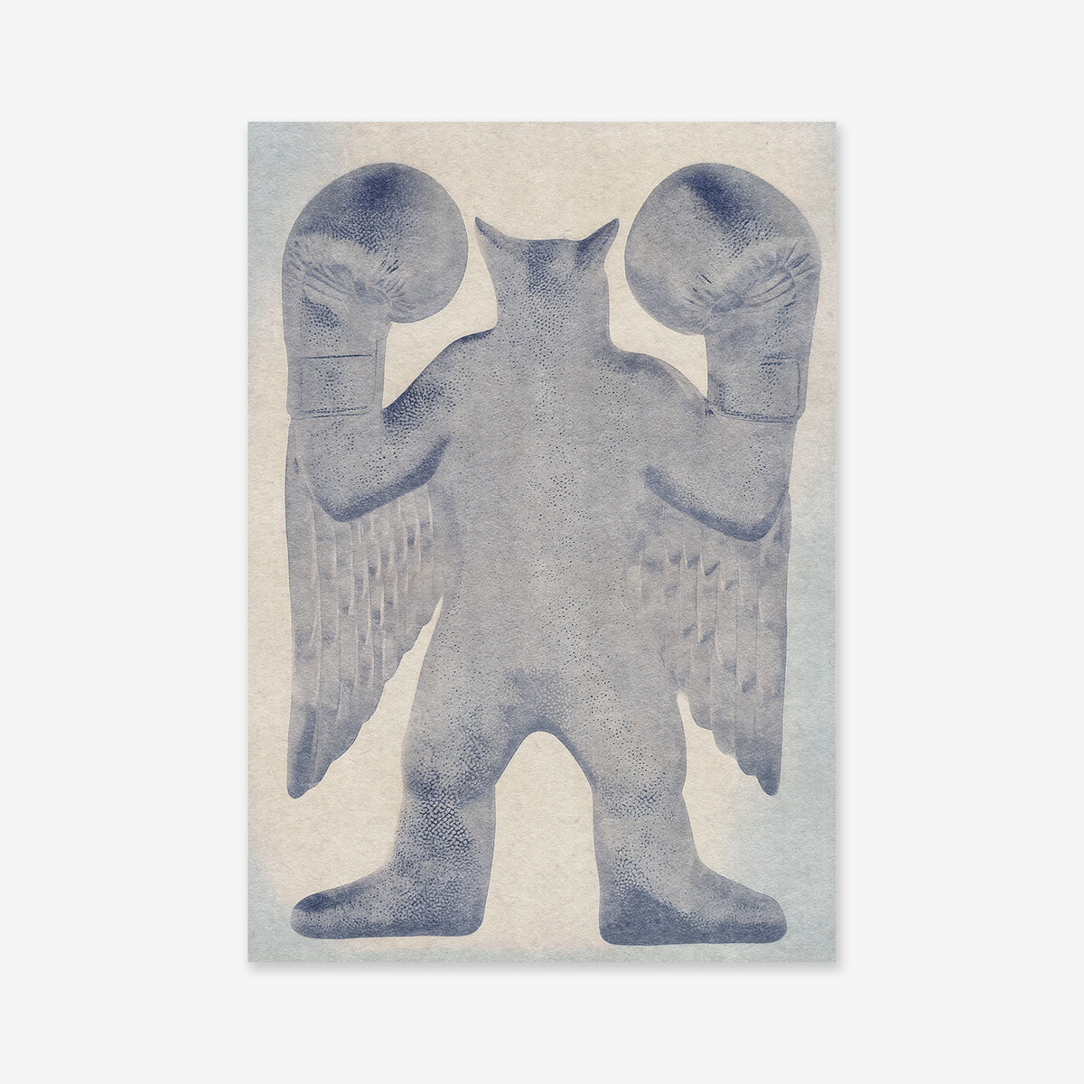 “Wanna fight?” features a blue, textured winged cat-like creature with oversized boxing gloves standing upright on a light, grainy background—ideal as a Giclée art print for modern interiors.