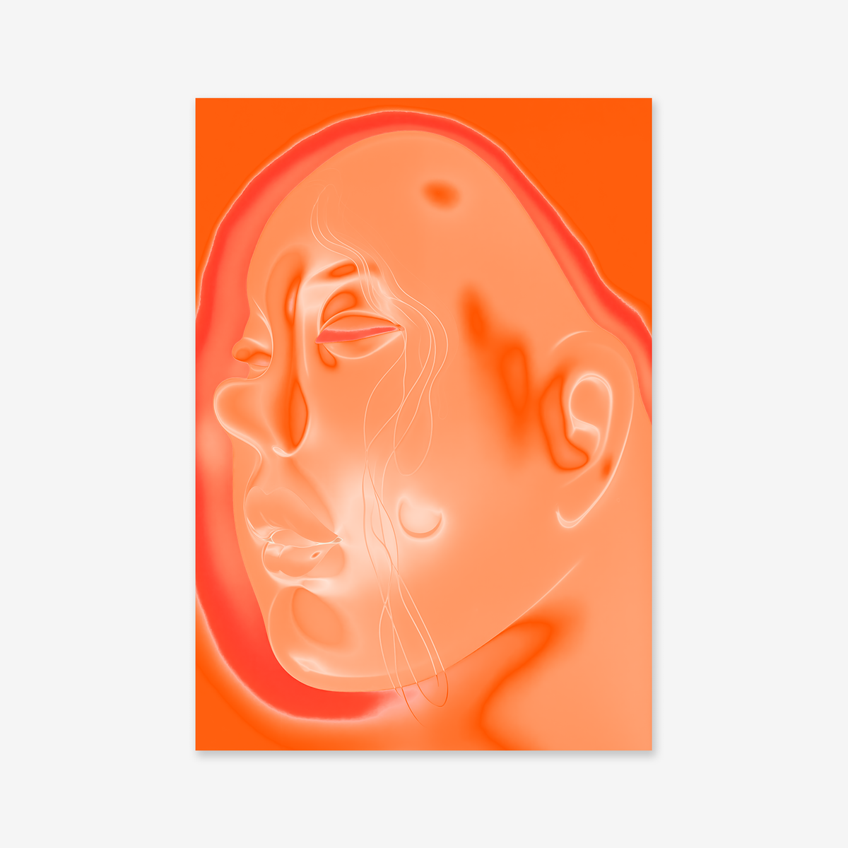 Warm feelings" is an abstract Giclée print of a human face in profile, featuring bright orange and peach hues with smooth lines and glowing highlights—ideal for adding a surreal accent to any modern space.