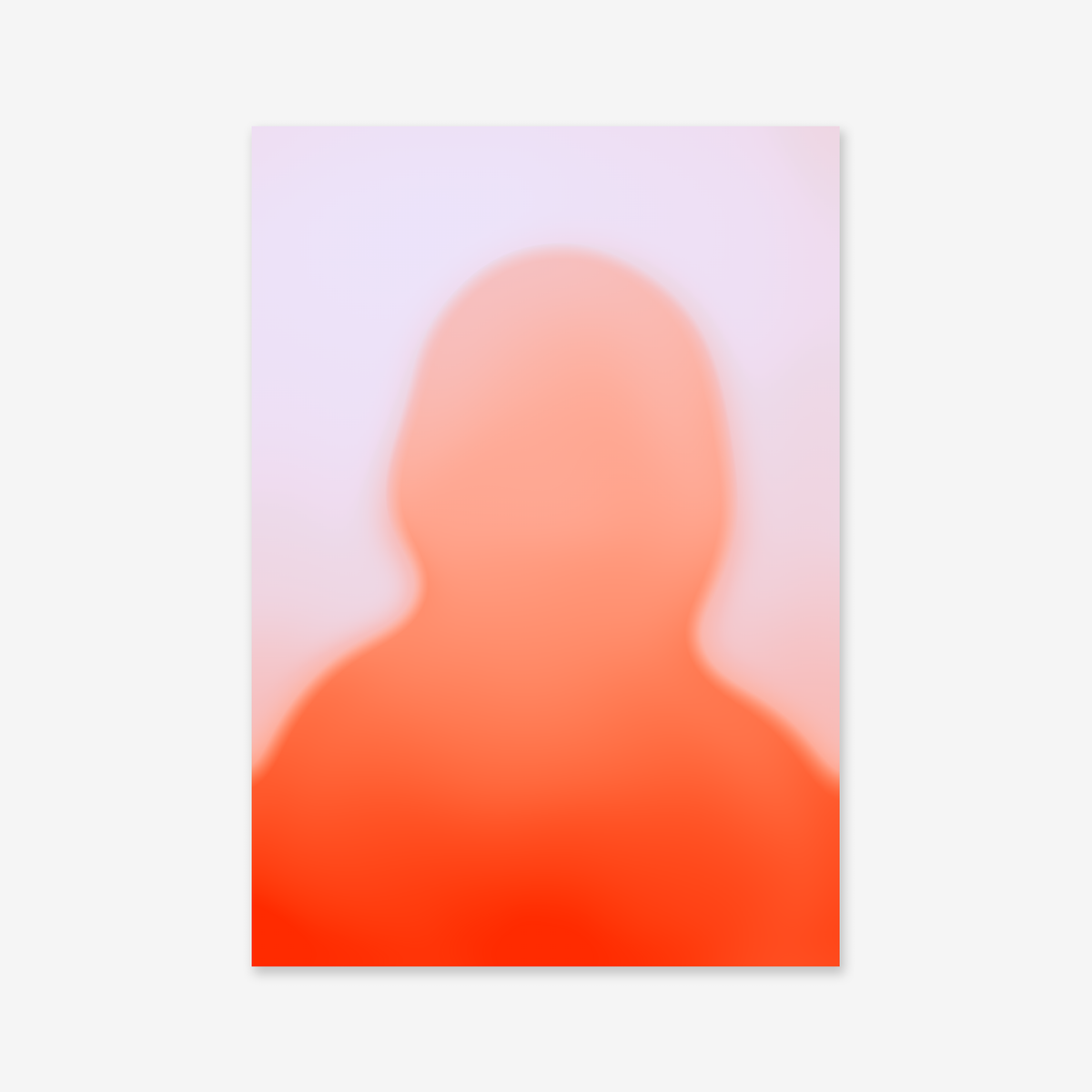 Warm hue" features a blurred silhouette against a gradient from soft pink to vibrant red. The faceless figure adds mystery, making this giclée print perfect for modern interiors.
