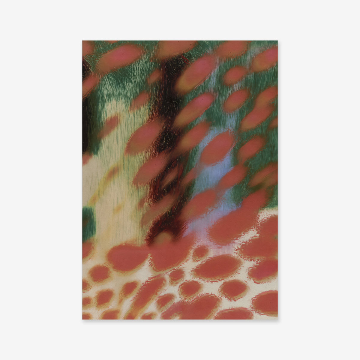 Warping textures No. 1 is a vibrant Giclée art print featuring red oval shapes scattered diagonally over green, beige, and blue patches—adding dynamic movement and texture to any modern interior.