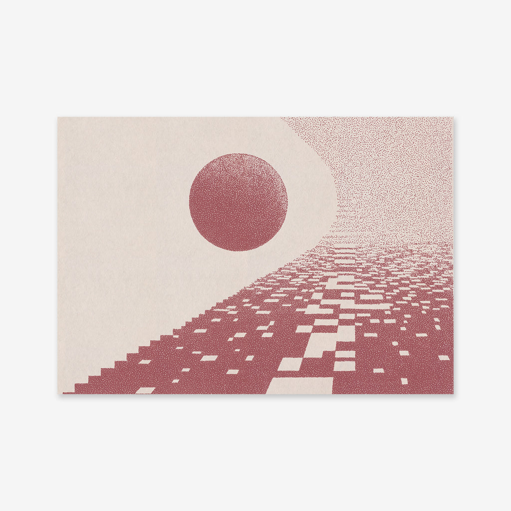 Warping is a Giclée art print featuring a large red circle above pixel-like red and white squares on beige, creating depth and perspective—an ideal addition to any modern interior decor.