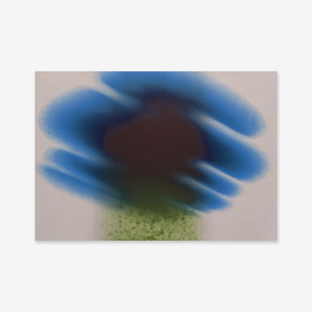 Fading flower No. 1 is an abstract art print showcasing a dark center with blue spray patterns and a green-speckled area on white—an ideal Giclée print to elevate any modern interior.