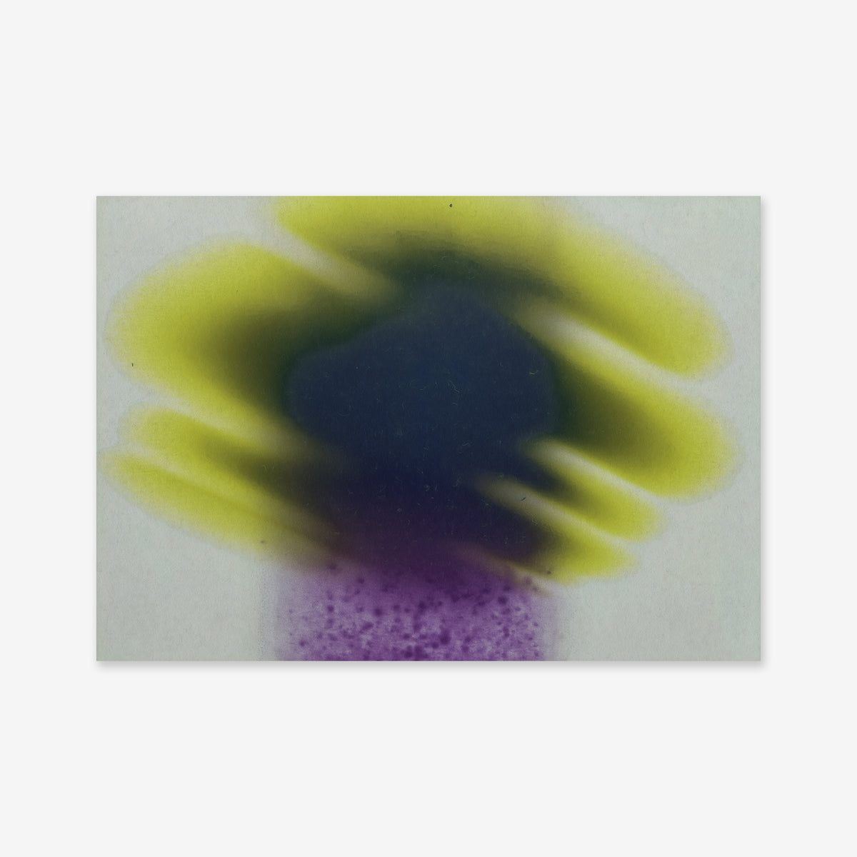 Fading flower No. 2 features a central dark blue shape with soft yellow accents and a purple area fading upward on a light grey background—an ideal Giclée art print for modern interiors.