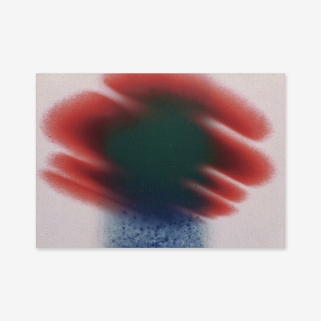 Fading flower No. 3 features a central blurry green shape, red brush-like strokes at the top, and blue dots on white—ideal as a Giclée art print on matte archival paper for modern decor.