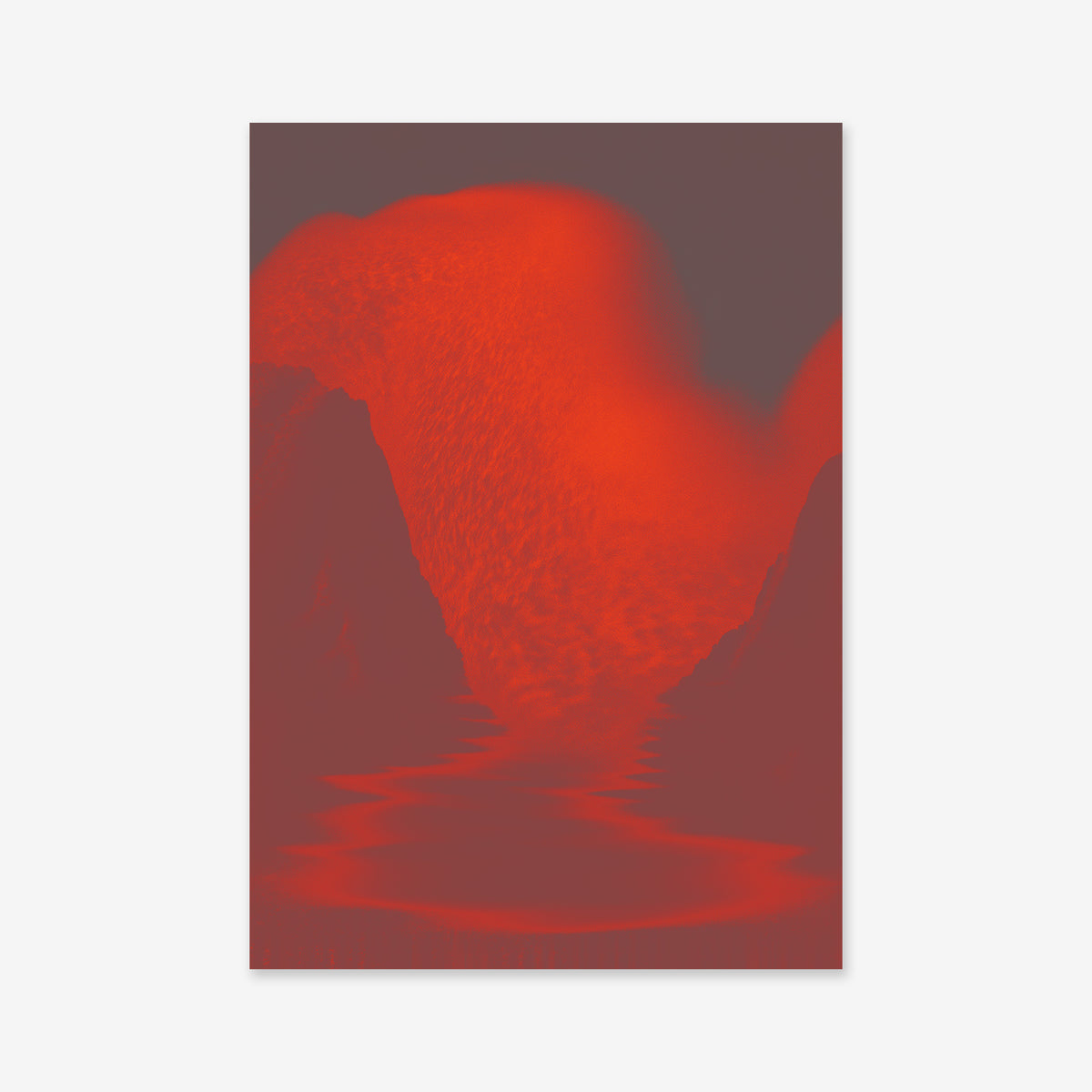 Wave splash is an abstract digital artwork with a glowing red-orange gradient, shadowy mountain shapes, and soft surface reflections—ideal as a giclée art print for modern interiors.
