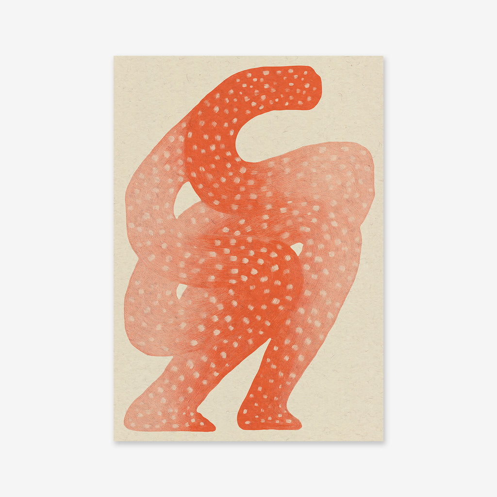 Wavy legs No. 1 features an abstract orange, curving humanoid shape with white polka dots on a beige background—perfect as a Giclée art print for modern interiors on archival paper.