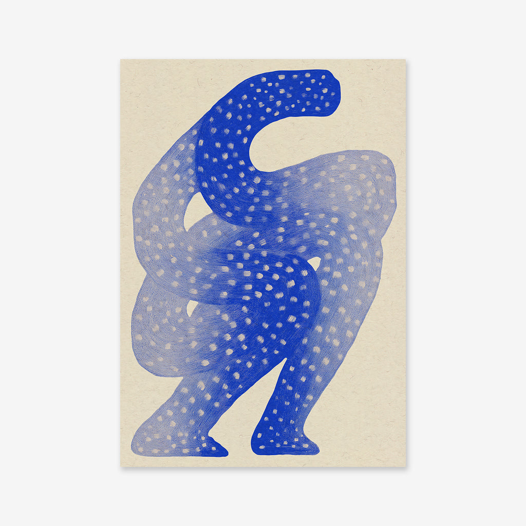 Wavy legs No. 2 is a Giclée art print featuring a blue, crouching human-like figure with white dots on a light beige background—ideal for modern interior wall decor.
