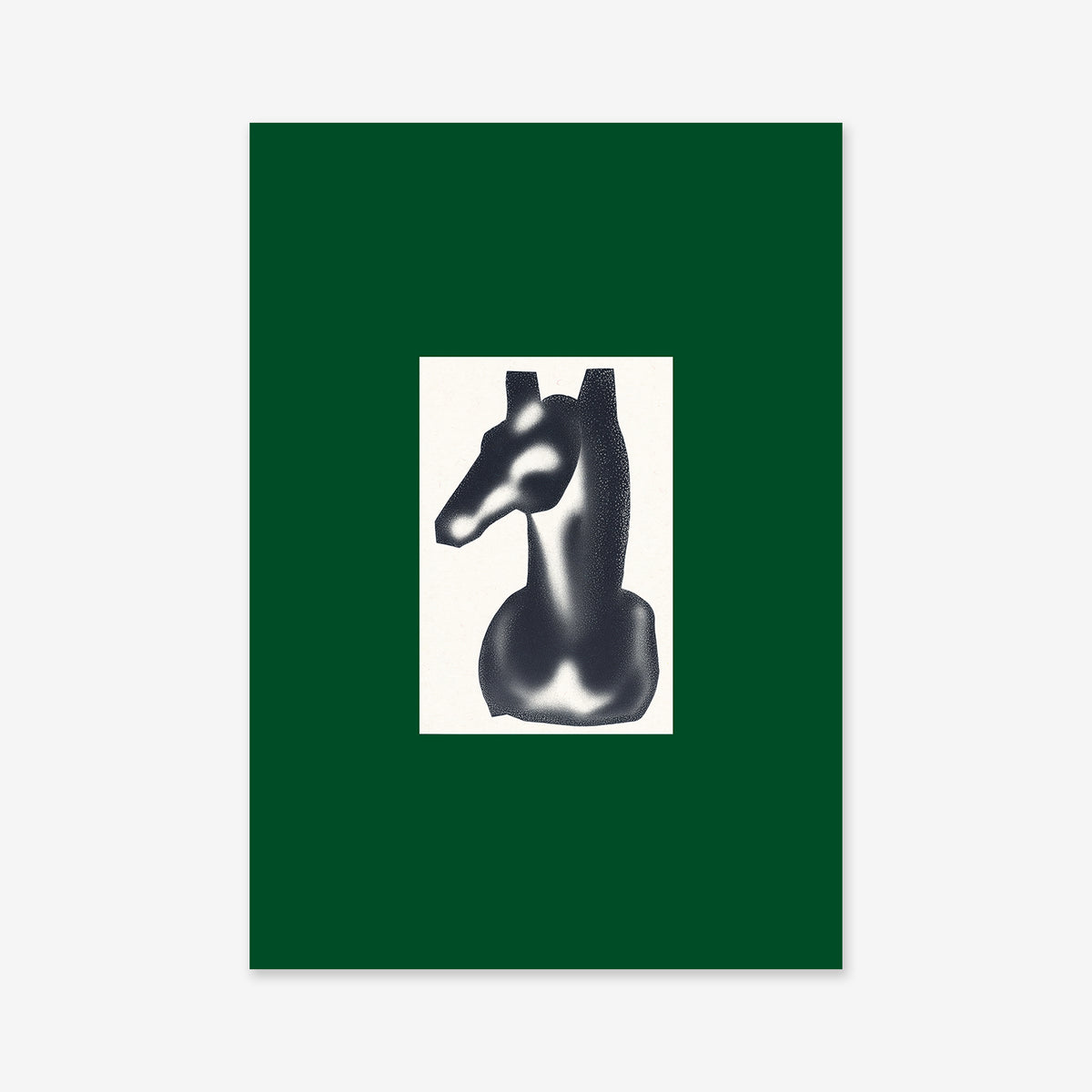 The "We do love horses" giclée art print features a minimalistic black-and-white illustration of a horse’s head and neck, centered on white with a dark green border—perfect for adding modern style to any space.