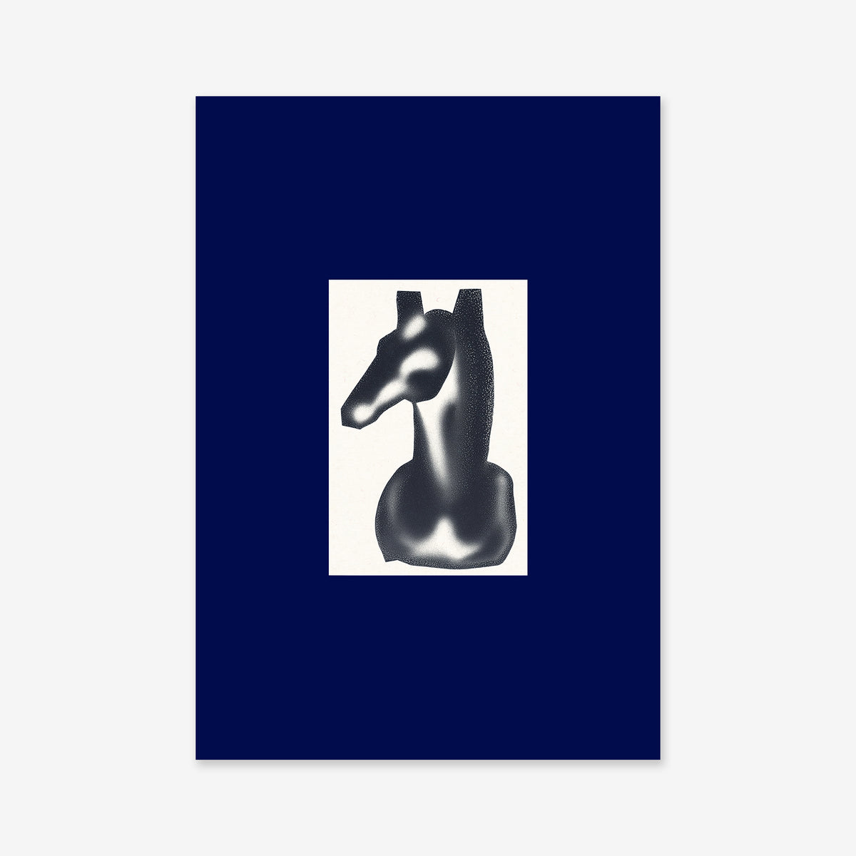 We do love horses - Blue" features a digital illustration of a sleek metallic horse bust, centered on white against a dark blue background. This Giclée art print brings abstract, modern flair to any space.