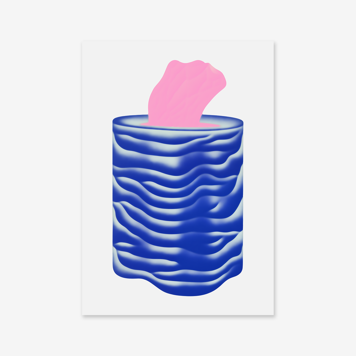 Well No. 7 features a stylized blue cylindrical container with wavy patterns and a single pink tissue, set against a white background—ideal as modern decor or showcased as a Giclée art print on matte archival paper.