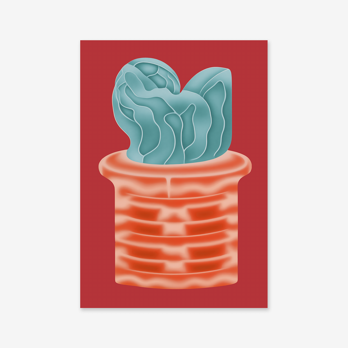 Well No. 9 is an abstract illustration of a cactus with wavy blue-green forms in a textured orange pot on a solid red background—perfect as a giclée art print to bring bold style to any modern interior.