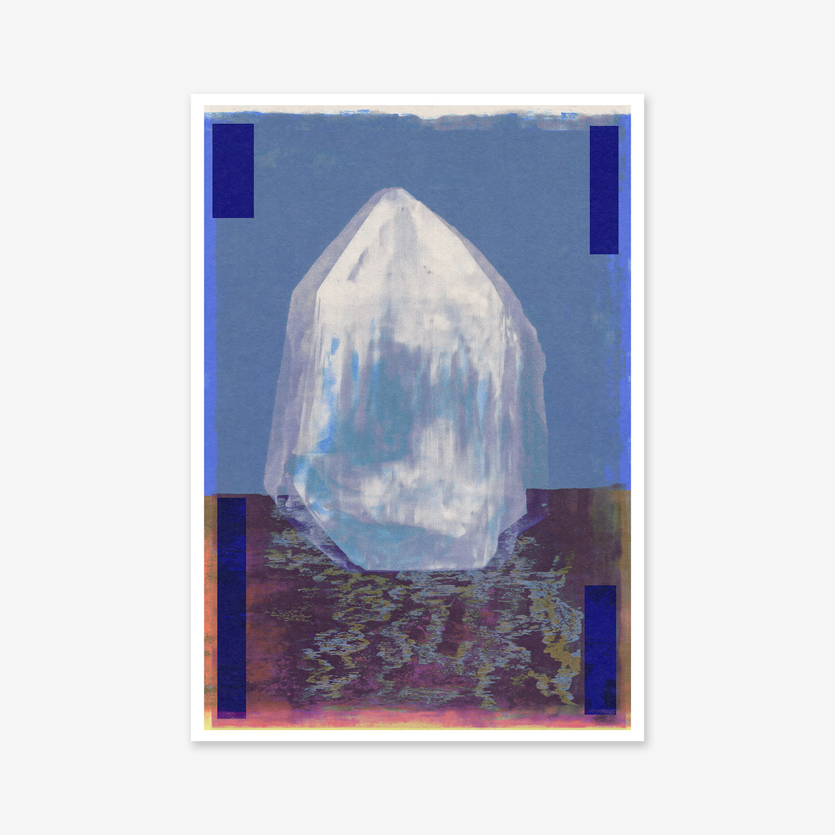 A translucent crystal with sharp edges rests on a textured, multicolored surface against a blue background. Four dark blue rectangles frame the corners, making "Melting ice" giclée art print a striking choice for modern décor.