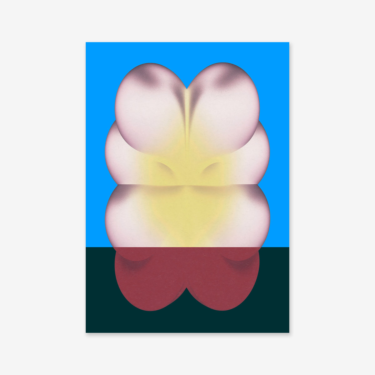 White bunny No. 1 is a giclée art print featuring layered, petal-like shapes in soft pink, yellow, and maroon with a bright blue top background and dark green bottom—ideal for adding abstract flair to any modern interior.