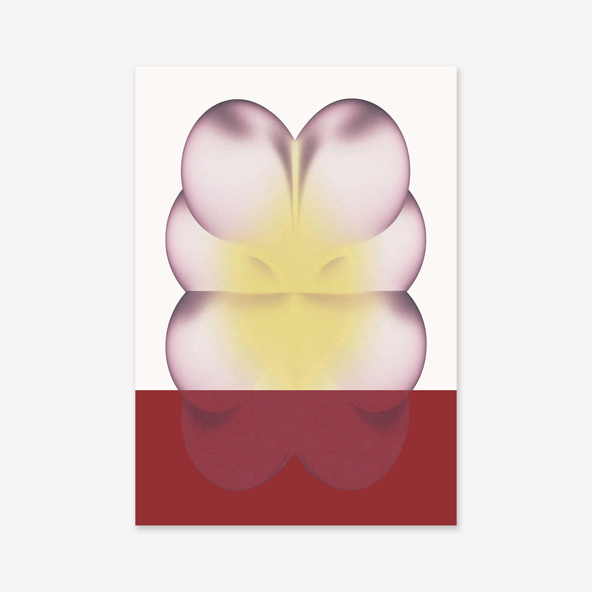 White bunny No. 2: Abstract digital artwork with overlapping, rounded shapes in soft yellow and purple atop a deep red block on white. This Giclée print’s symmetrical, minimalist style fits perfectly in any modern interior.