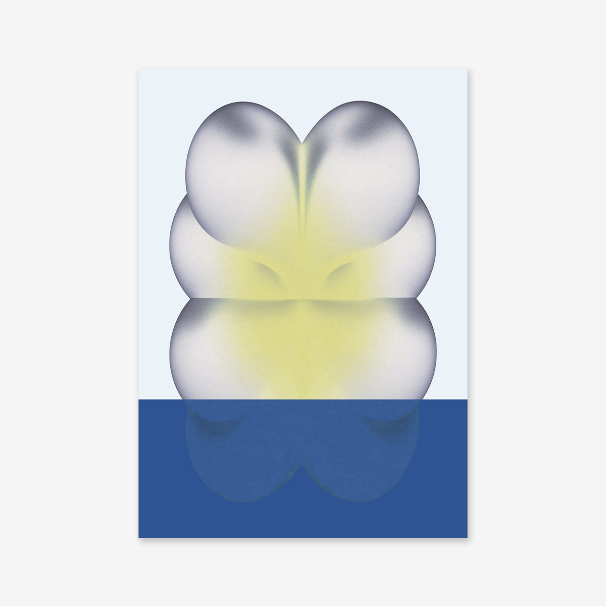 White bunny No. 3: Abstract art with soft, rounded shapes in white and yellow, reminiscent of a cloud or flower above a blue block on a pale blue background—ideal as a giclée print for modern interiors.