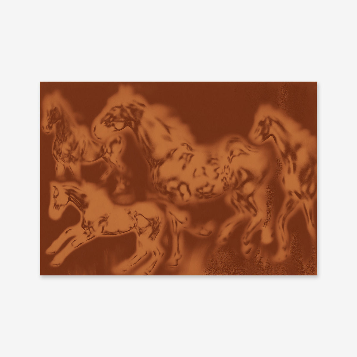 “Wild horses” features an abstract image in brown tones with blurred, flowing outlines of galloping horses, evoking energy and motion on a plain background—an ideal Giclée art print for modern interiors.