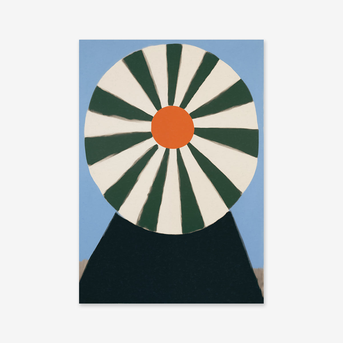 Windmill No. 1: Abstract art with a central orange circle and alternating green and white rays, evoking a sunburst or flower, set against a blue sky with a dark triangle—ideal as a giclée print for modern interiors.