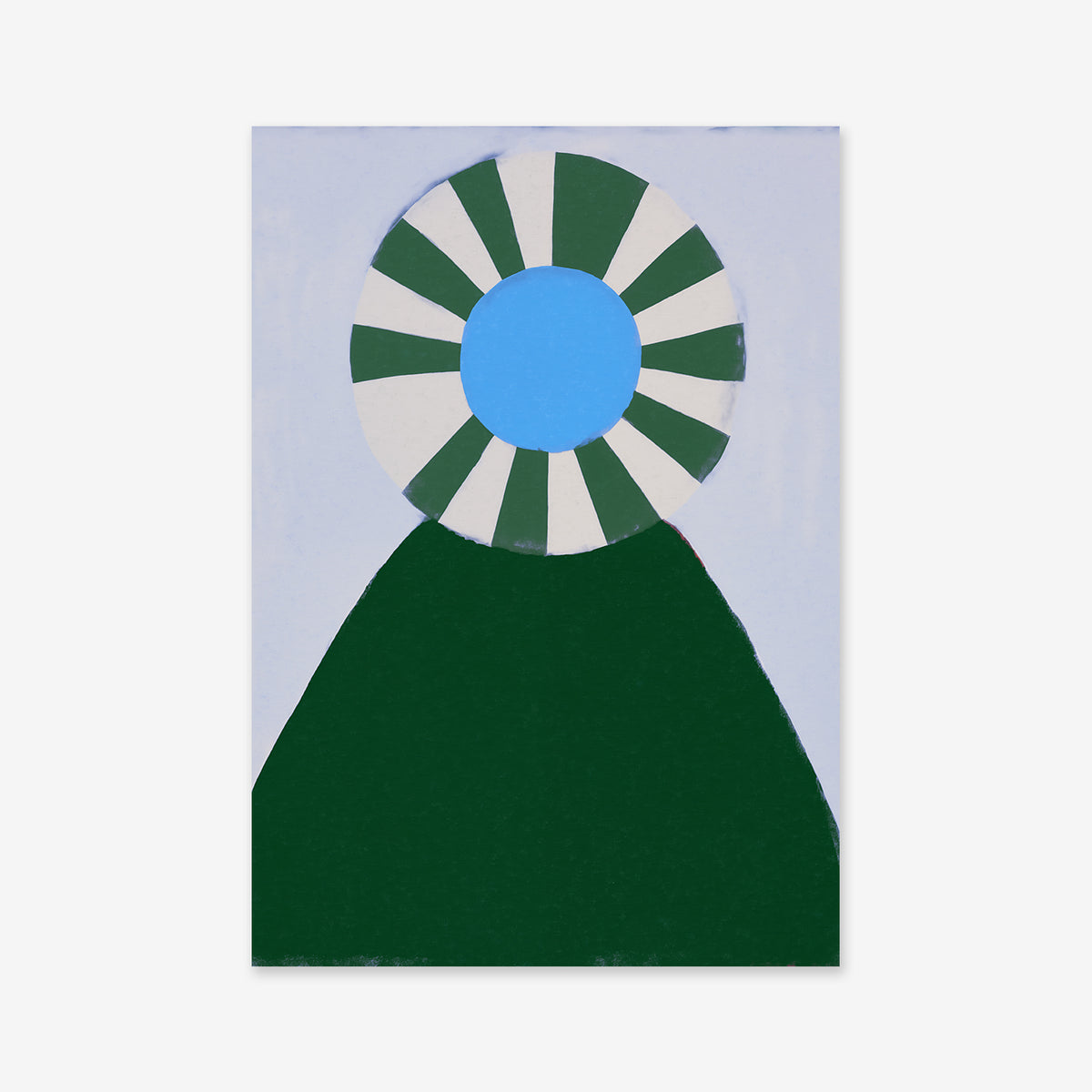 Windmill No. 2: Abstract art with a dark green triangle at the bottom, a blue circle above, and alternating green and white segments on a light blue background—ideal as a Giclée art print for any modern interior.