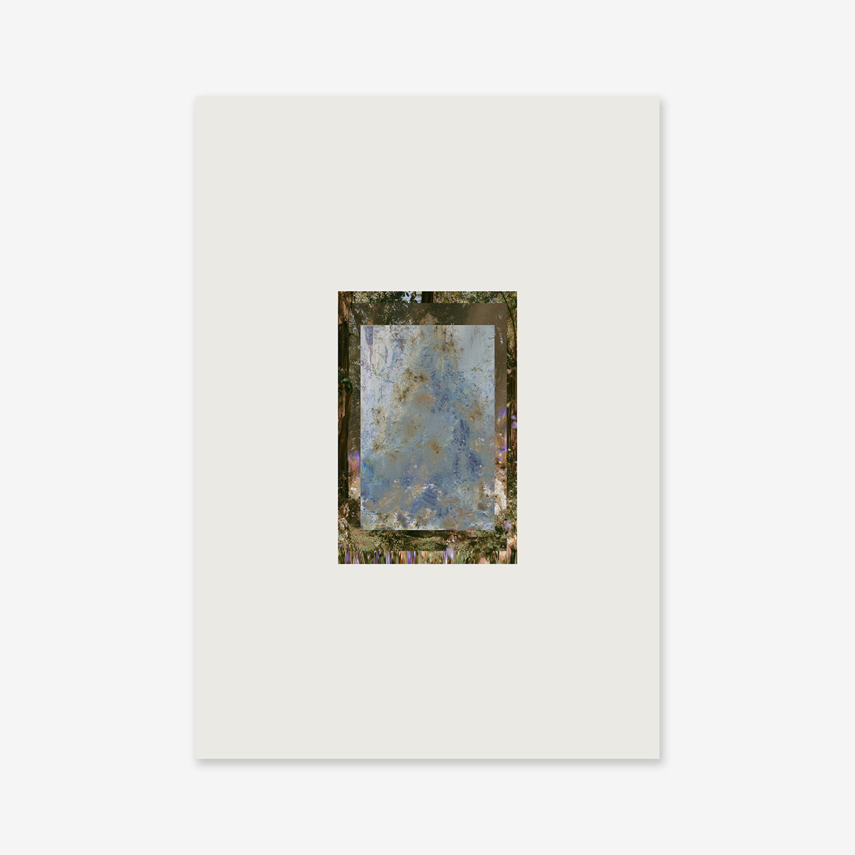 “Windows” features a textured, reflective square in blue and brown tones centered on white, bordered by foliage-like patterns—an ideal Giclée art print for modern interiors.