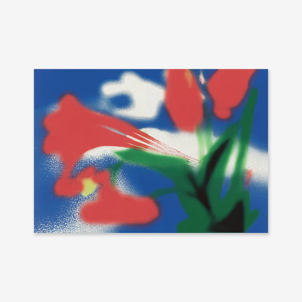 Windy Flowers" is a Giclée art print featuring digitally created red flowers with green stems and leaves on a blurred blue and white background, ideal for bringing a modern touch to your space.