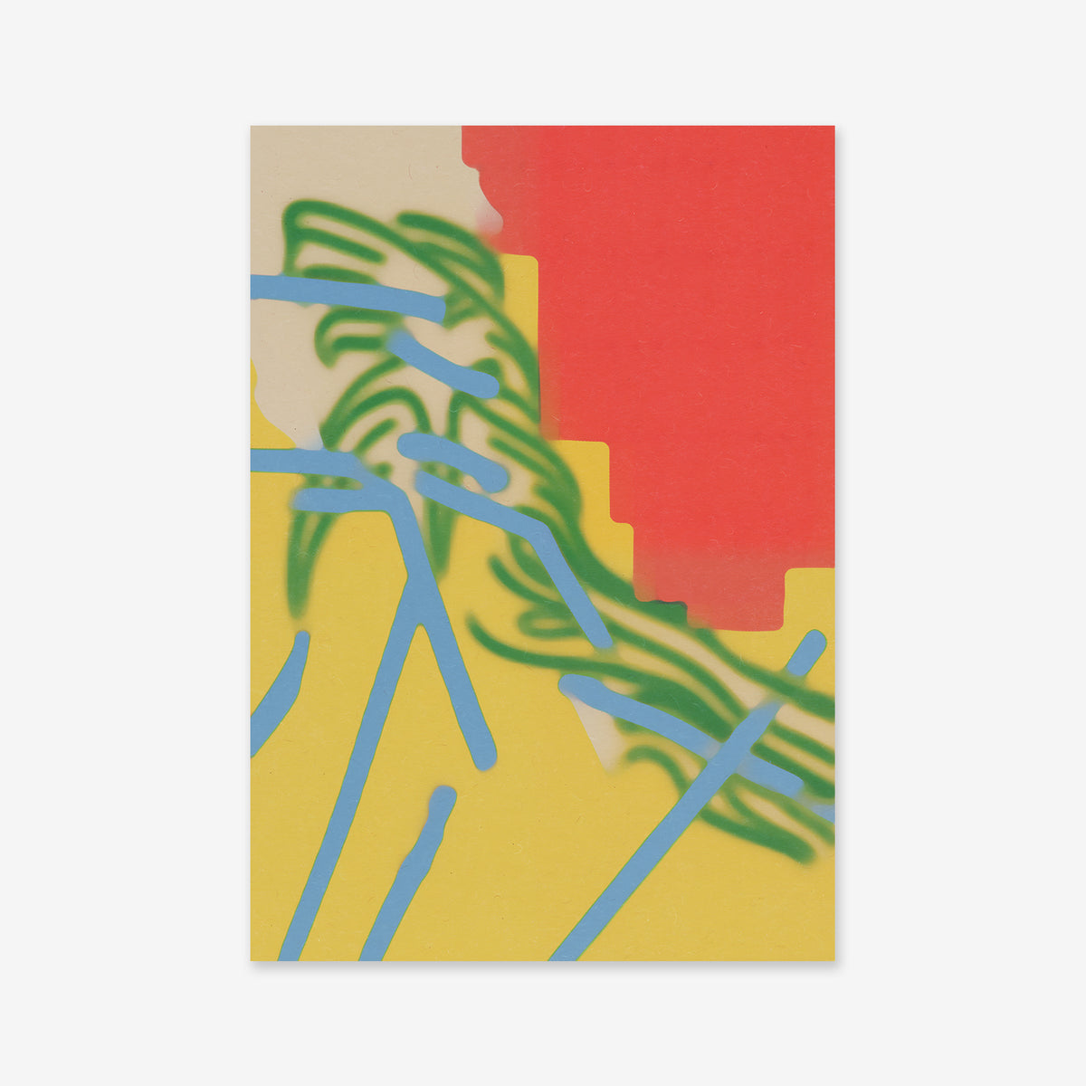 Windy street" features a yellow background, red shape in the top right, light blue diagonal lines, and green wavy lines—ideal as a giclée art print to enhance any modern space.