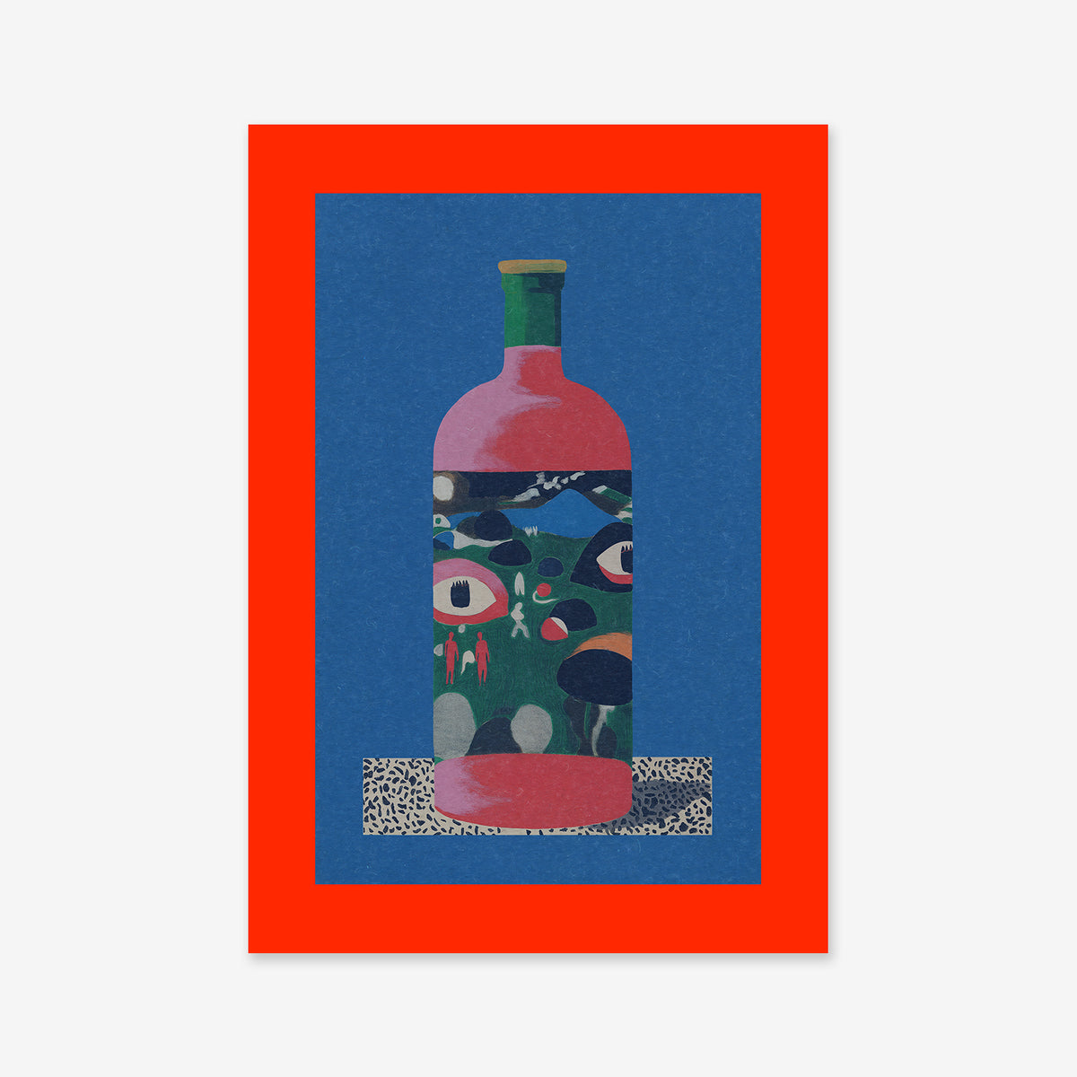 Wine bottle: A vibrant drawing of a wine bottle with an abstract eye motif rests on a speckled rectangle, set against blue with a red border—ideal as a giclée art print for any modern space.