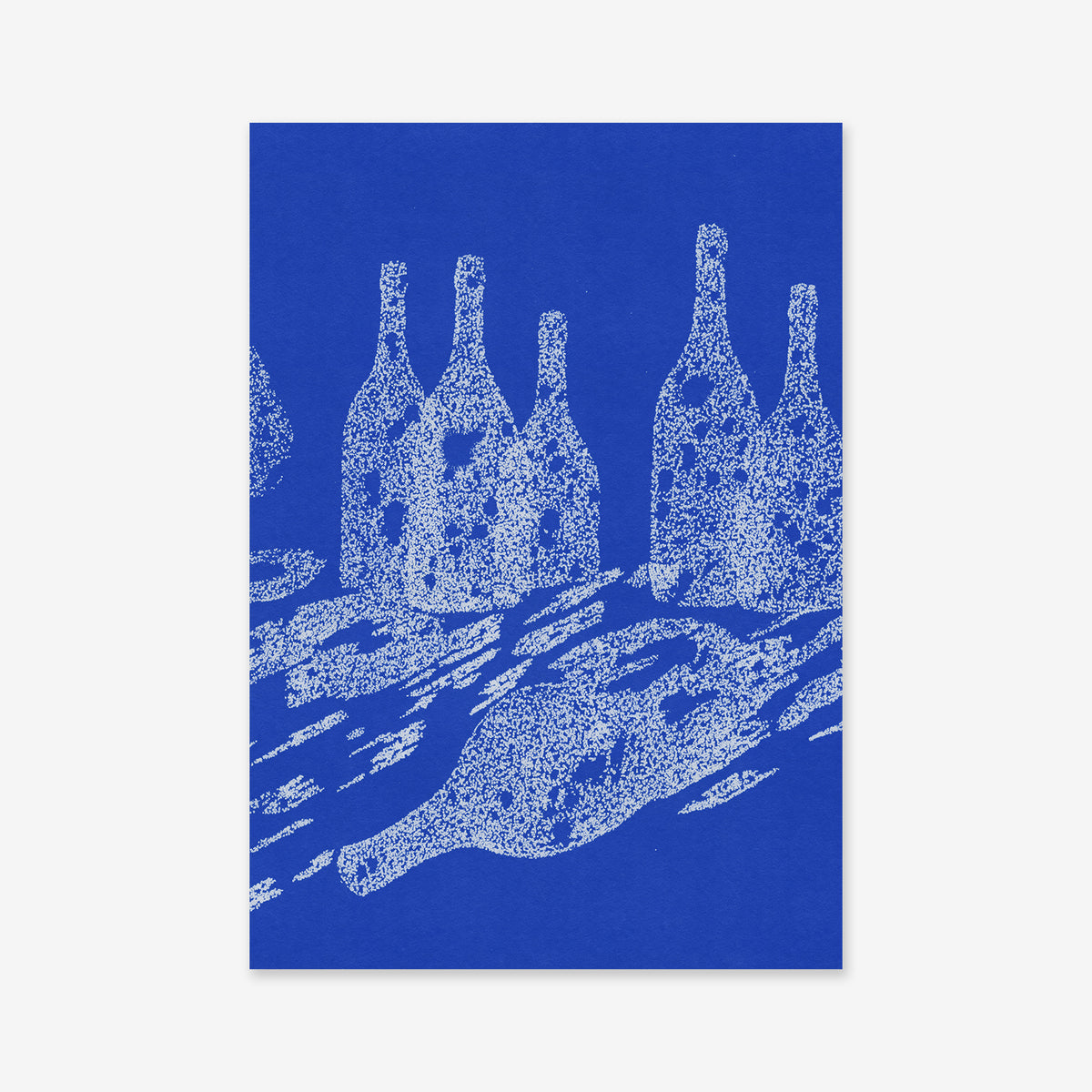 Wine mess No. 1 features white, sketch-style wine bottle outlines—upright and lying down—on a cobalt blue background. This abstract, textured design is ideal as a modern giclée art print on archival paper.