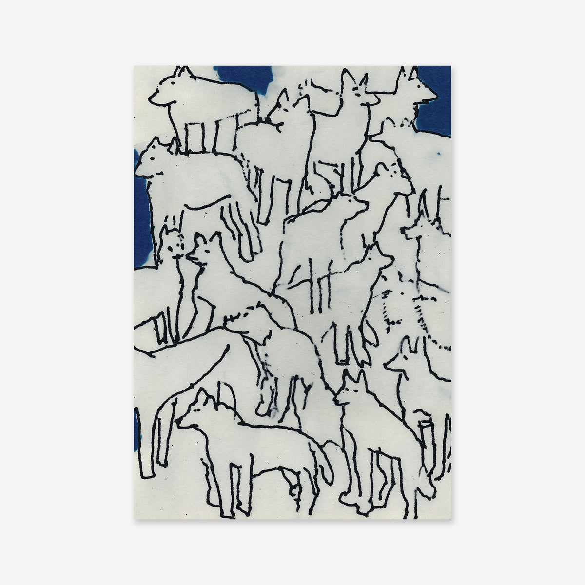 Wolf gang features loosely sketched, overlapping dog outlines—mostly white with black lines—on a deep blue patchwork background, making it an ideal Giclée art print or stylish poster for modern interiors.