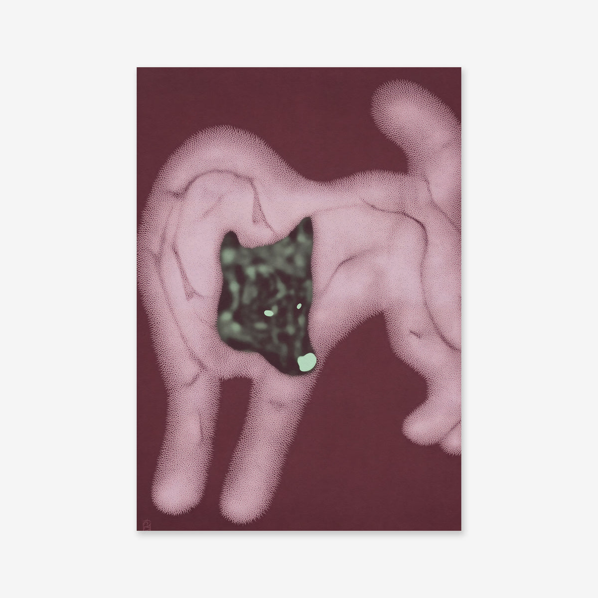 “Wolf No. 2” features abstract art of a pink, fuzzy, dog-like figure with a translucent body and green textured core on a dark maroon background—ideal as a Giclée print to enhance any modern space.