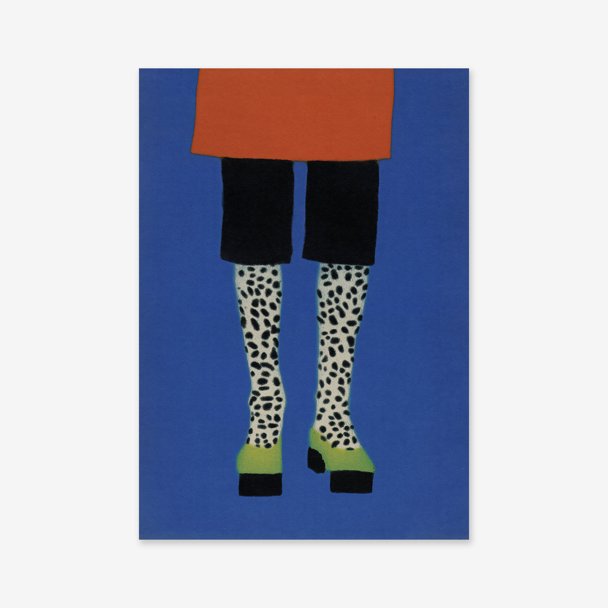“Woman legs No. 2” is a Giclée art print featuring a figure in an orange skirt, black pants, and tall white boots with black spots and green toes against a solid blue background—perfect for adding playful style to modern interiors.