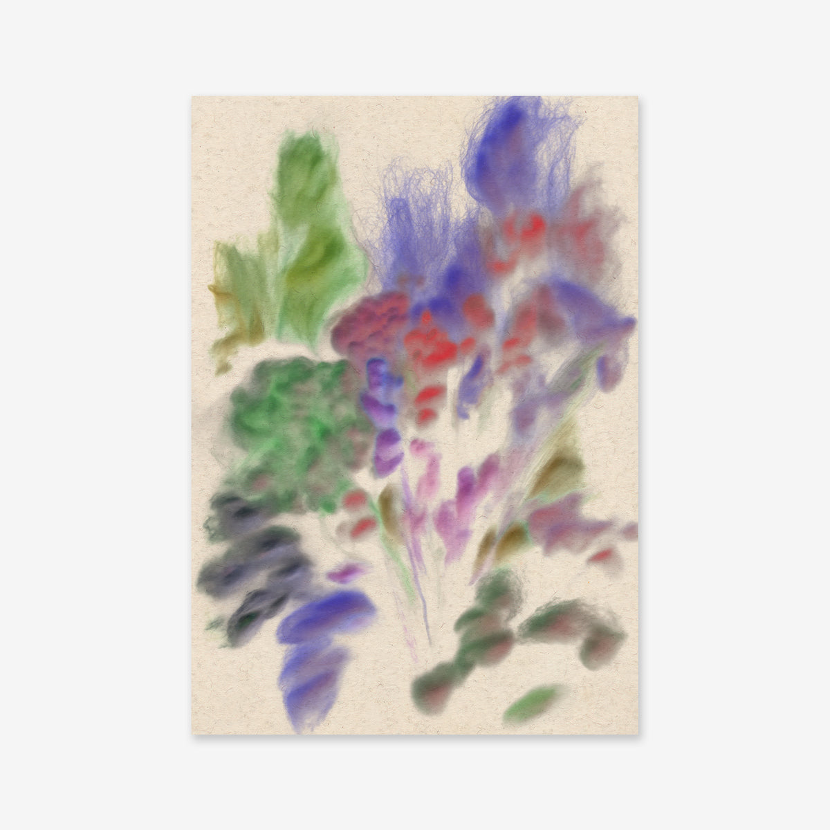 “Wool flowers” is a soft, abstract watercolor artwork featuring blurred floral shapes in purple, red, green, and blue on a textured beige background—ideal as a Giclée art print for modern interior decor.