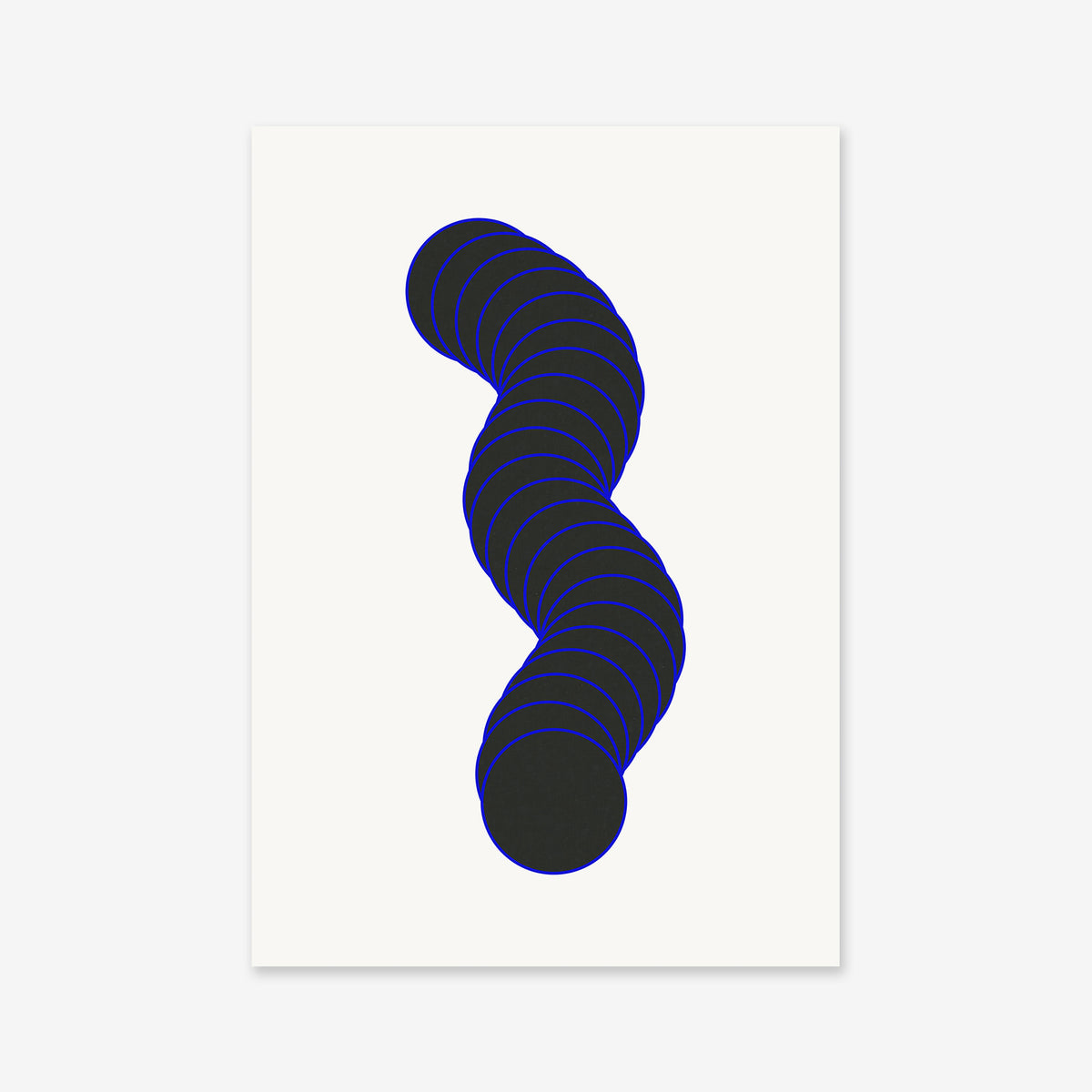 Wormy features a white background with overlapping black circles outlined in blue, creating a wavy, vertical S-shaped design—ideal as a Giclée art print for modern interior decor.