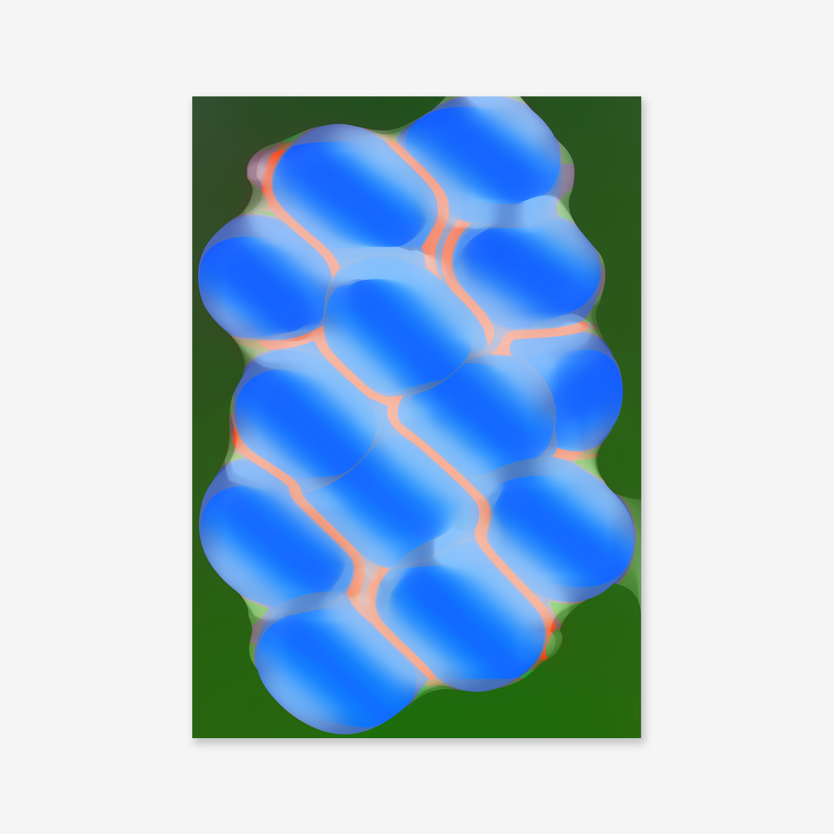 Wrapped" is an abstract digital artwork with overlapping glowing blue ovals edged in soft pink on a dark green background, forming a vibrant cluster—ideal as a giclée art print to enhance any modern interior.