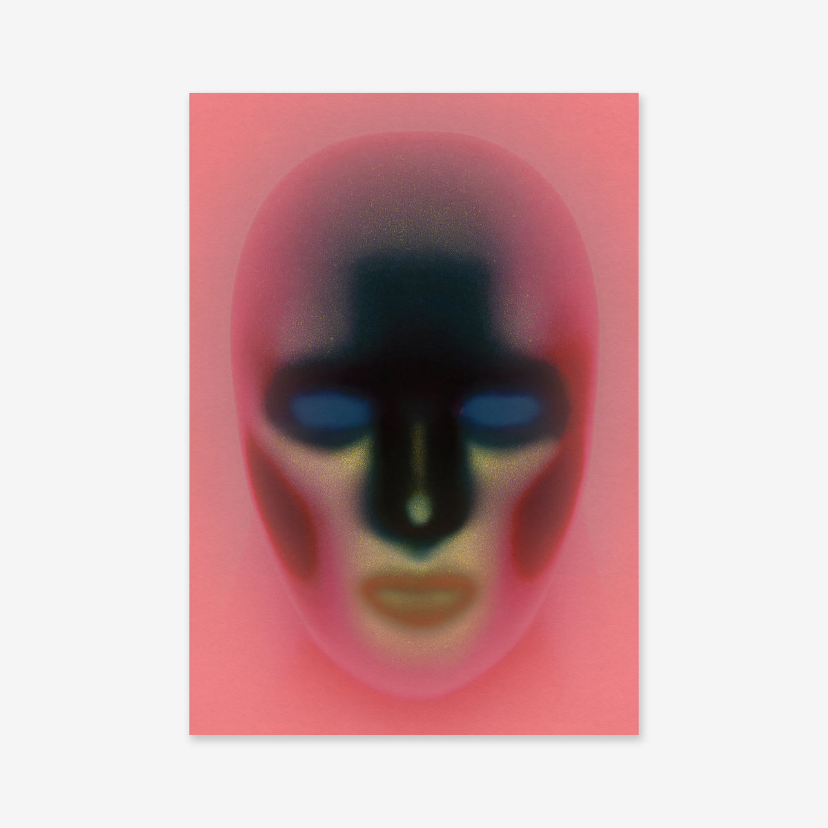 A surreal, abstract Giclée art print titled "Lucha libre," featuring a blurry, airbrushed face-like mask with dark features and glowing blue eyes against a pink background—perfect for any modern interior.