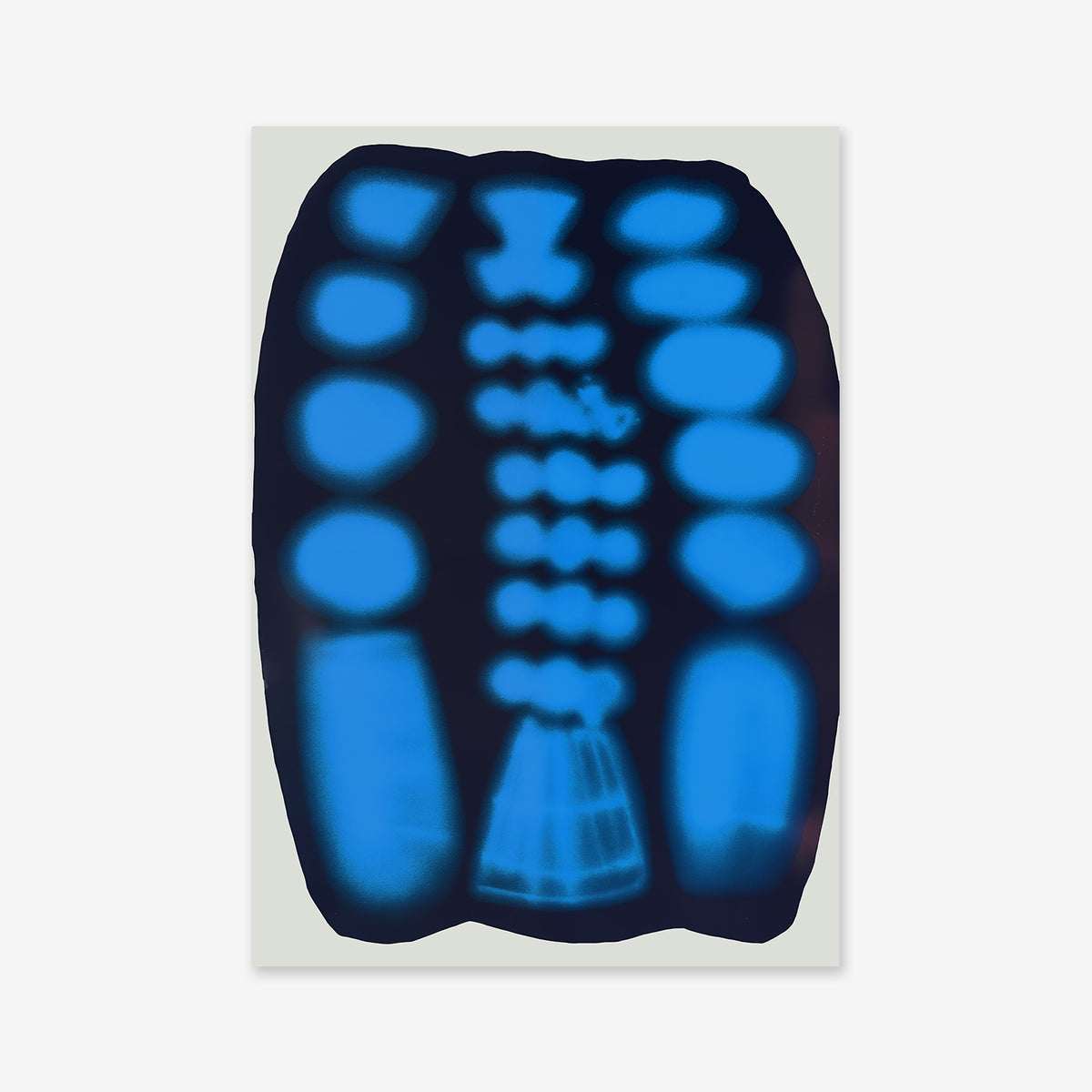 X-ray No. 1 features a glowing blue abstract reminiscent of a stylized dental x-ray with geometric shapes on a dark background—ideal as a giclée art print for modern interiors, printed on premium archival paper.