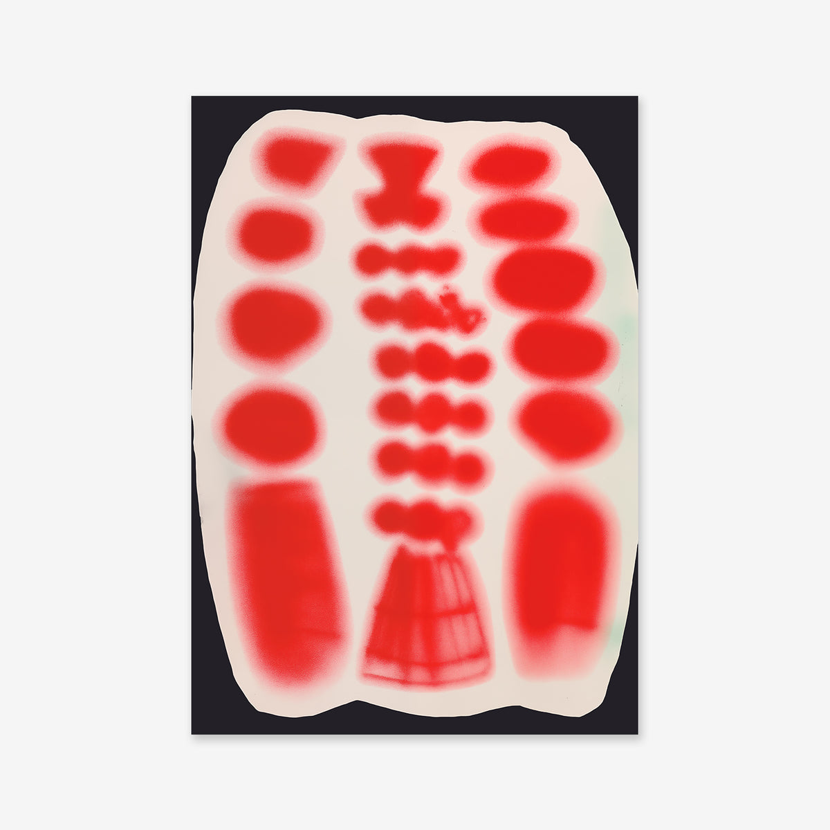 X-ray No. 2 is an abstract giclée art print showcasing blurred red shapes in vertical columns on a white background with a black border. Printed on archival paper, it adds soft-focus symmetry and modern style to any interior.