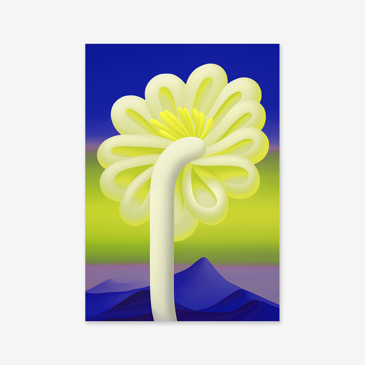 Yellow Flower: A stylized abstract yellow and white flower with looped petals pops against a gradient blue, green, and purple background over dark blue mountains—ideal as a Giclée art print for modern interiors.