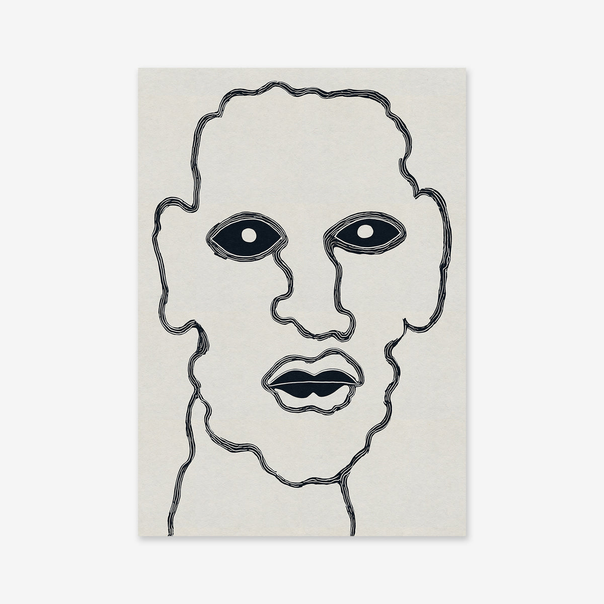 Zoning out is a Giclée art print featuring a minimalist line drawing of a human face with abstract, wavy outlines and bold features on a light background, adding a modern and contemporary style to any space.