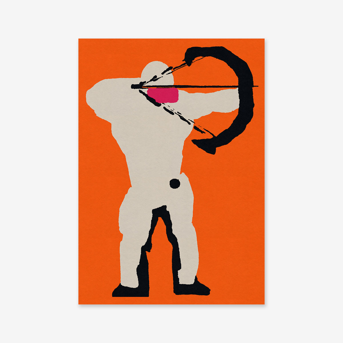 Archery" is a minimalist giclée art print featuring a muscular archer with a pink face, rendered in beige and black, aiming a black bow with two arrows on a vivid orange background—perfect for modern interiors.