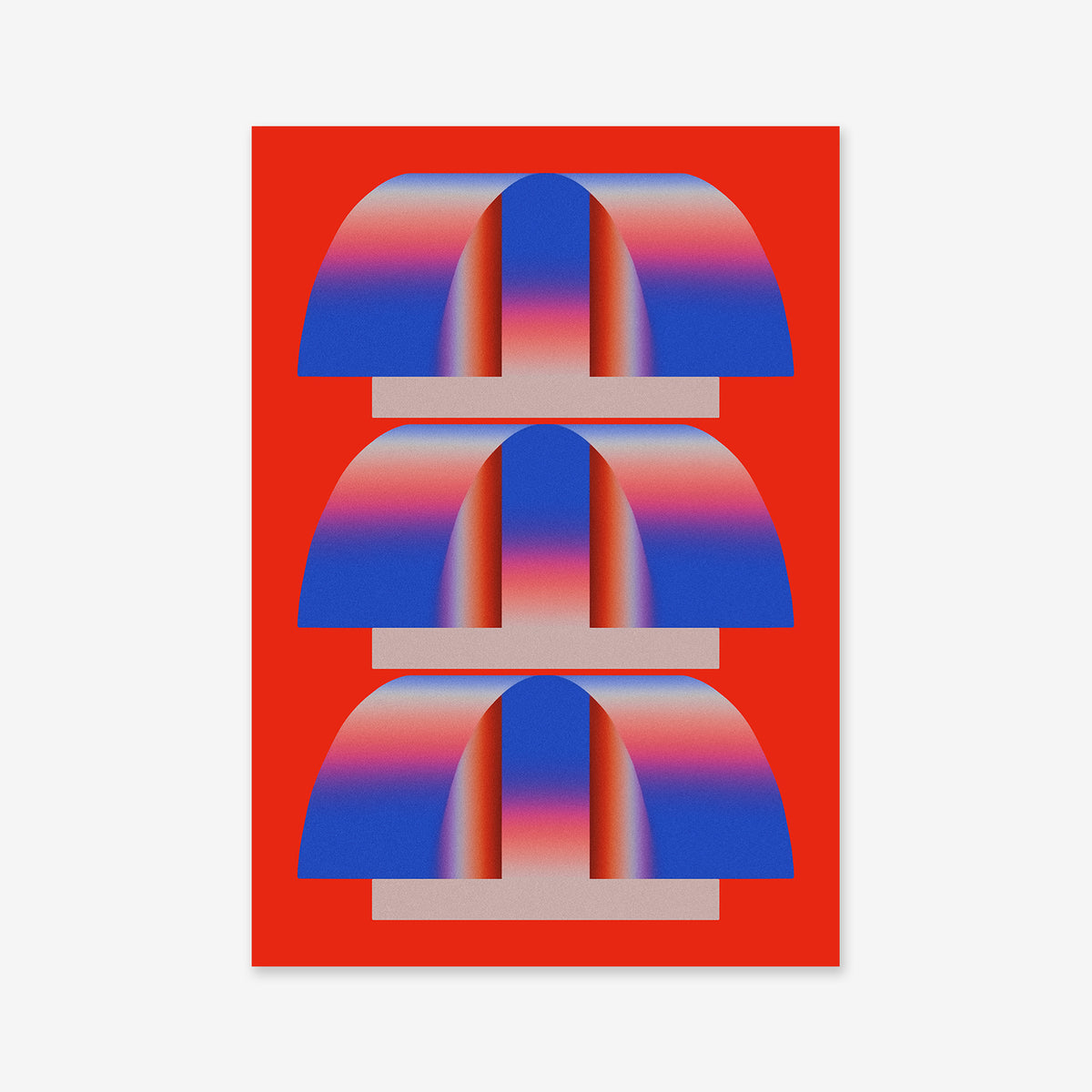 “Awnings” is a giclée art print on archival paper featuring three stacked, arch-like shapes in a blue-to-red gradient on vivid red, separated by light gray bars—ideal for adding bold, modern geometry to any space.