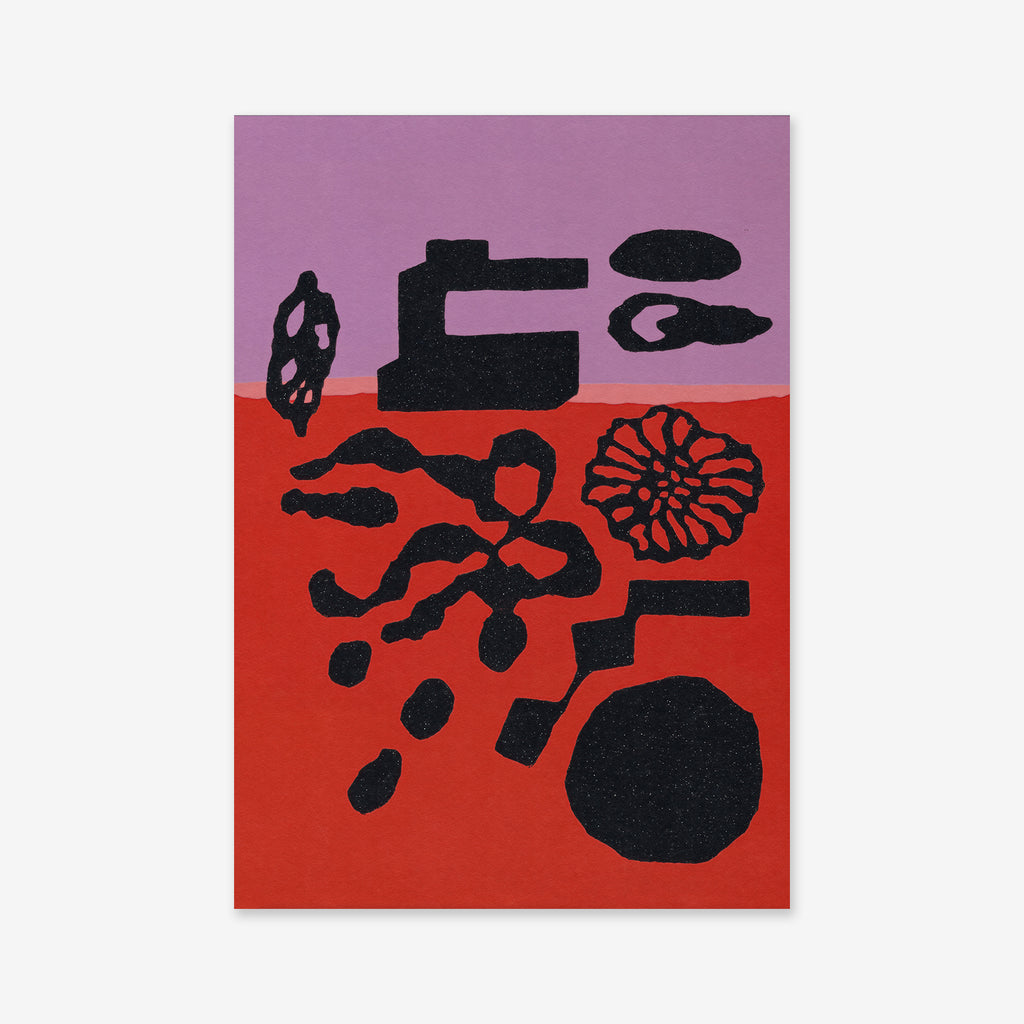 Collectables No. 1 is a minimalistic Giclée art print with black organic and geometric shapes on a purple and red split background. Printed on matte archival paper, it’s perfect for modern interior decor.