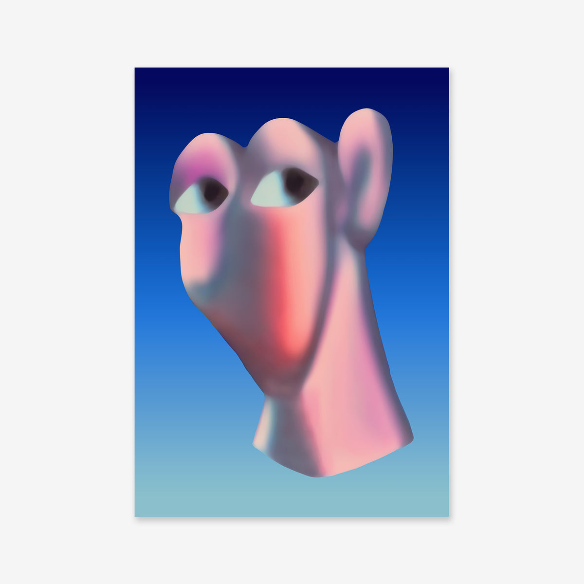 Eavesdropping" is a digital artwork featuring an abstract, humanoid head with bold features and two eyes on one side, rendered in pink and purple tones on a blue gradient—ideal as a giclée print for contemporary interiors.